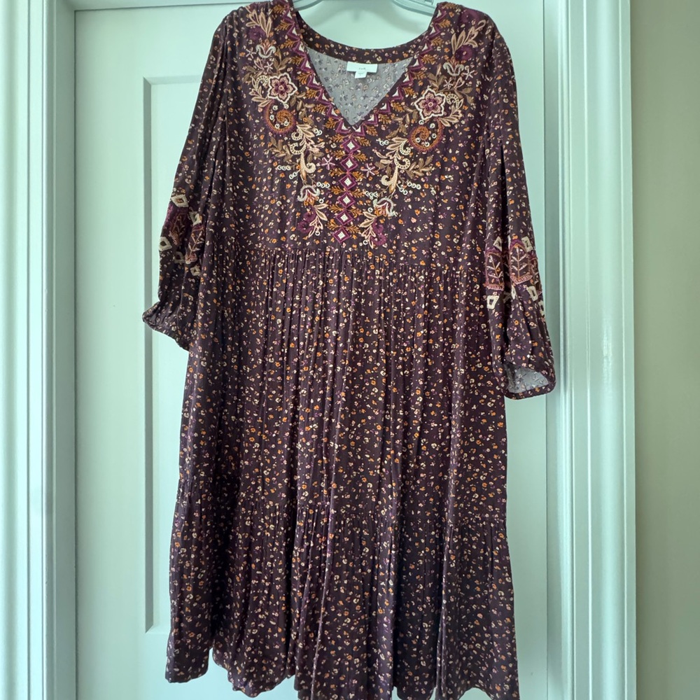 J. Jill Floral Embroidered Long Sleeve Dress - Brown and Pink
